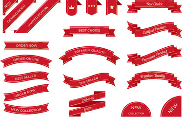 Vector illustration set of premium quality red ribbon banners and bookmarks. Templates for new collection labels and promotion tags, highlighting best seller and best choice.
