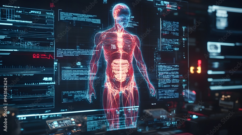 Poster 12. **create an image of a holographic human body with real-time data overlays showing vital signs s