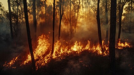 Intense Forest Fire Blaze Burning Trees in Wilderness at Sunset