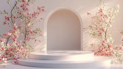 Fototapeta premium A sleek advertising podium with an elegant arch, surrounded by blooming flowers in soft pastel colors, creating a serene display environment.