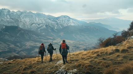 Obraz premium Three hikers venture across a vast mountain landscape, wrapped in tranquility, as the weather shifts around them.