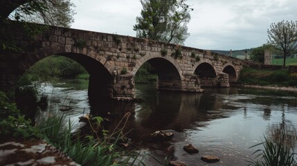 A historic stone bridge stretches across a tranquil river beneath a cloudy sky, evoking timeless beauty and architectural significance.