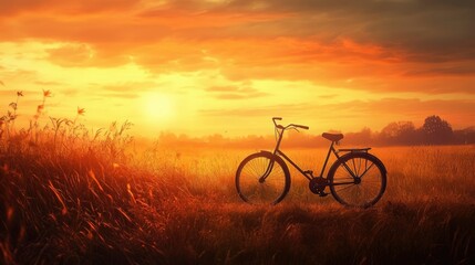Obraz premium A solitary bicycle in a picturesque sunset setting, with warm light casting a golden hue over the landscape.
