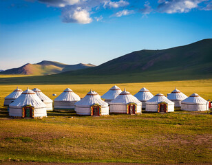 Many yurts on a field in Mongolia