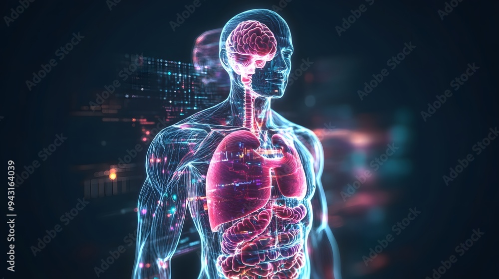 Poster 13. **visualize a hologram of a human body with a focus on the digestive system, displaying detailed