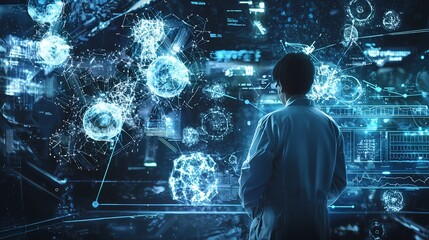 Scientist Looking at Futuristic Data on a Holographic Display.