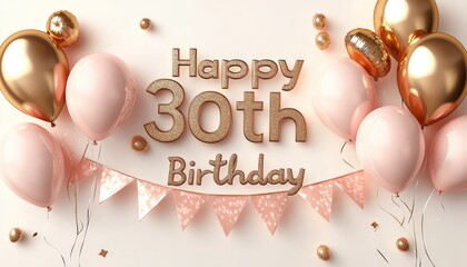 Happy 30th Birthday Celebration with Balloons and Banner.