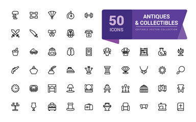 Antiques and Collectibles icon collection. Set of Antique Collectibles Icons. Minimal Linear icon editable vector stroke illustration.