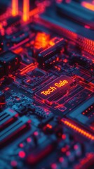 Fototapeta premium Bright circuit board illuminated in red and orange, focusing on a prominent tech sale announcement within a futuristic setting