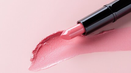 A tube of lip gloss with a sample swipe on a soft pink background, leaving ample copy space, ideal for cosmetic advertising.