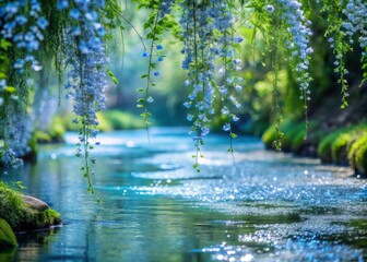 Fototapeta premium A photo image of wispy vines enveloping a gentle stream, petals of forget-me-not flowers drifting down into the water, soft blue and green hues evoking dreaminess beneath gentle underline