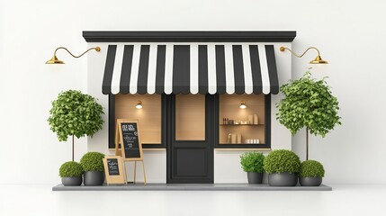 Charming black and white storefront with striped awning, potted plants, and sidewalk chalkboard menu sign. Inviting outdoor aesthetic.