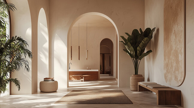 Boho, mediterranean interior design of modern home entryway, hall with arched walls