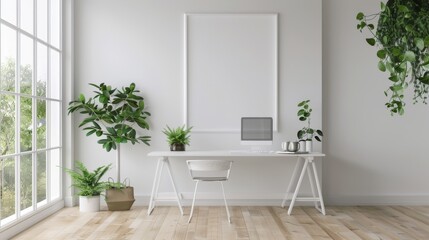 Fototapeta premium A minimalistic home office with potted plants, a clean desk, and a large window letting in natural light, promoting productivity and calm.