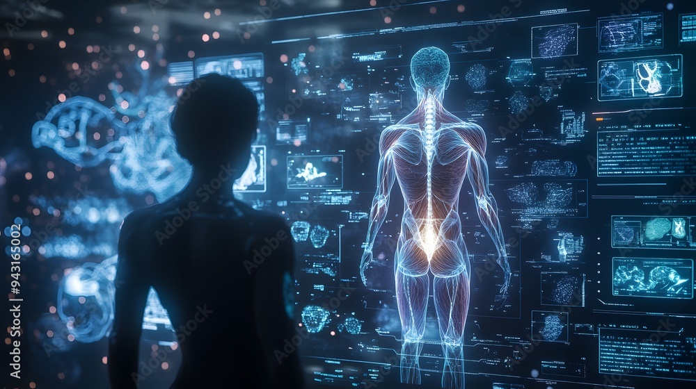 Poster 15. **design a hologram of a human body with a futuristic, digital interface that displays interacti