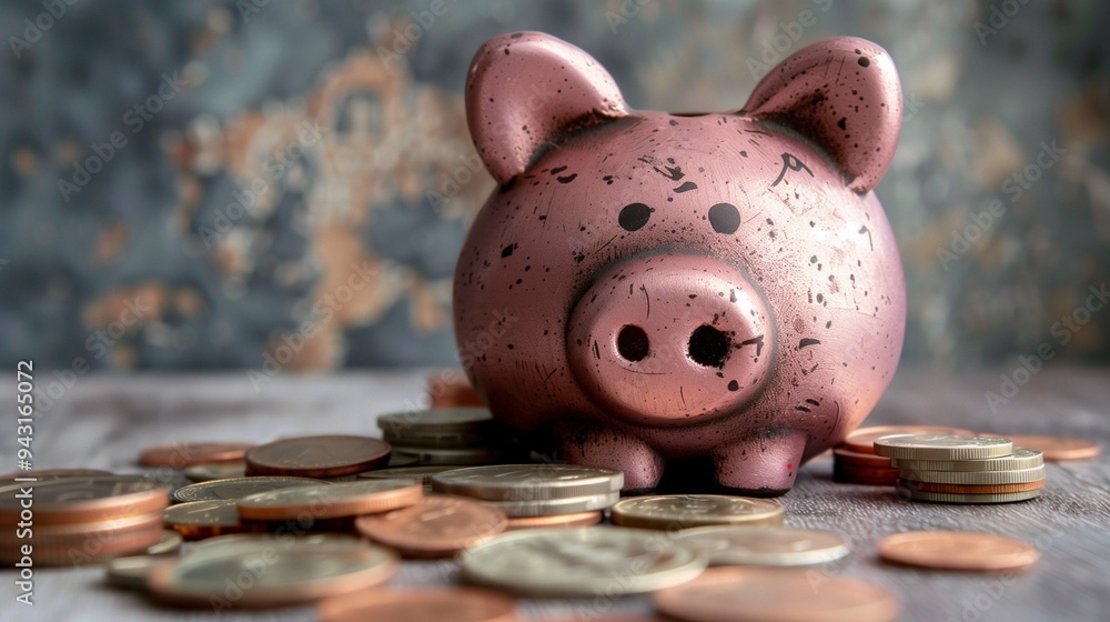 Poster dirty piggy bank with coins on table banner background copy space. financial insecure in business im
