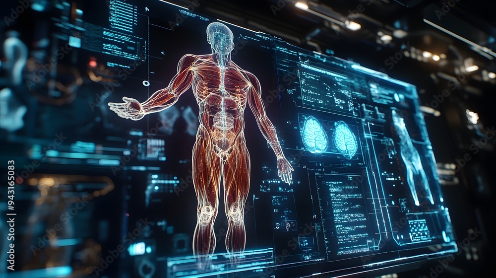 Poster 15. **design a hologram of a human body with a futuristic, digital interface that displays interacti