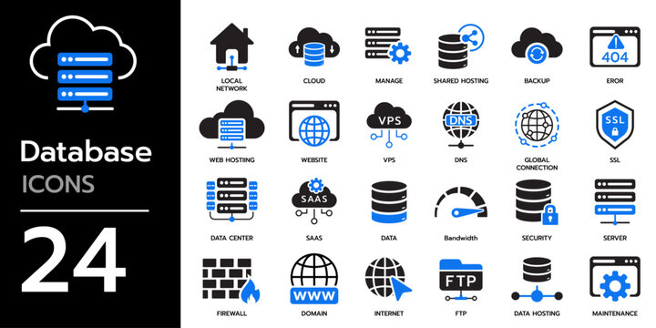 Database vector icon set. Data storage on web server , cloud computing, server, domain, firewall, internet, FTP, database, SSL, data hosting