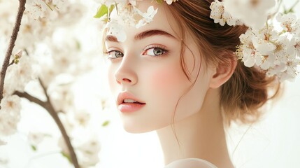 A young woman with flowers in her hair, exuding natural beauty, against a soft, delicate background. Ideal for cosmetics and hairstyle ads.