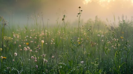 Serenity in the Morning Light. Tranquility and beauty of a meadow at dawn