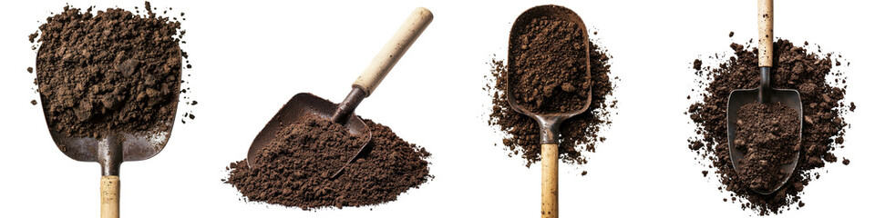 Shovel embedded in rich brown dirt cut out transparent isolated on white background PNG