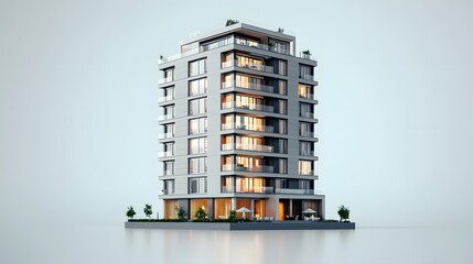 Modern apartment building with balconies and windows.
