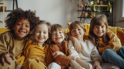 Fototapeta premium Five children sitting closely on a couch, radiating happiness and togetherness, with warm indoor lighting casting a cozy atmosphere around them.