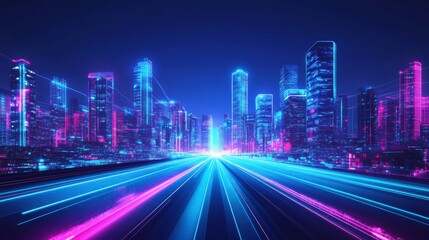 Fototapeta premium Futuristic cityscape with neon lights and skyscrapers at night, creating an abstract background of speed lines on the road