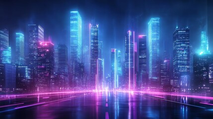 Fototapeta premium Futuristic cityscape with neon lights and skyscrapers at night, creating an abstract background of speed lines on the road