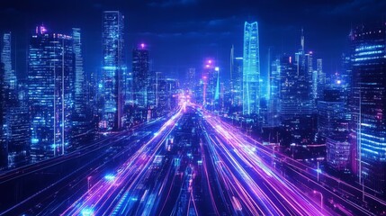 Fototapeta premium Futuristic cityscape with neon lights and skyscrapers at night, creating an abstract background of speed lines on the road