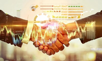 Video of Close-up handshake between two businessmen, representing successful partnerships and financial growth with overlaid stock market data