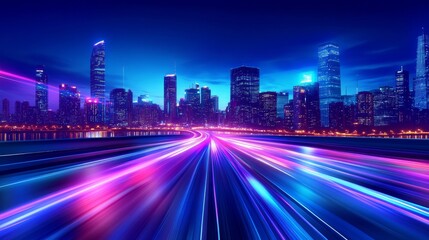 Fototapeta premium Futuristic cityscape with neon lights and skyscrapers at night, creating an abstract background of speed lines on the road