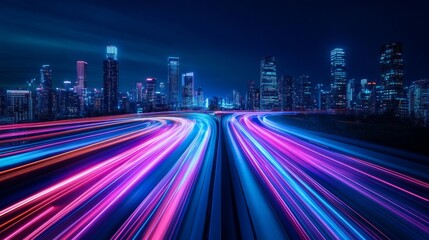 Futuristic cityscape with neon lights and skyscrapers at night, creating an abstract background of speed lines on the road