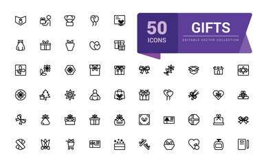Set of gift line icons. Contains icons of box, bow, gift card and more. Pixel perfect, minimalistic outline icons collection. Editable vector illustration.