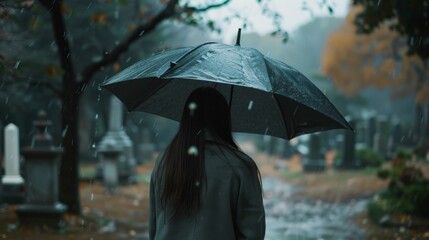 A person with an umbrella walks through a cemetery on a rainy day, creating a somber and contemplative atmosphere as raindrops fall.