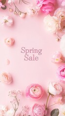 A colorful arrangement of flowers surrounds a spring sale announcement, creating a cheerful atmosphere perfect for seasonal shopping