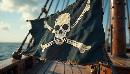 Fototapeta premium Pirate flag flying on a pirate ship, with sails billowing in the wind over the open sea.