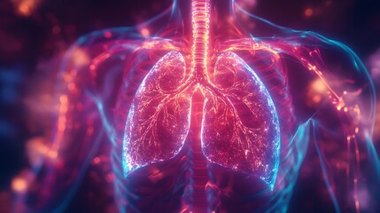 18. **Illustrate a holographic human body with emphasis on the respiratory system, displaying the lungs and airways in a bright, glowing format. The background should be subtle to ensure the