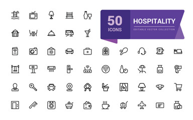 Outline icons of hospitality. Pixel perfect, minimalistic web and UI icon. Outline icons collection. Editable vector illustration.