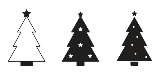 Set of Christmas tree vector illustration. Black and white icons 