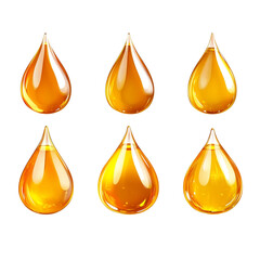 Set of oil droplets in a light amber color on a white background