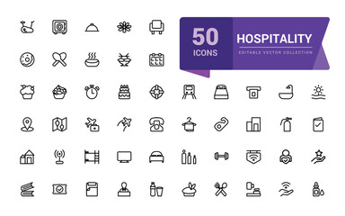 Outline icons of hospitality. Pixel perfect, minimalistic web and UI icon. Outline icons collection. Editable vector illustration.