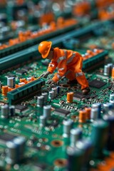 Obraz premium A miniature construction worker repairs electronic components on a colorful circuit board during a creative indoor project