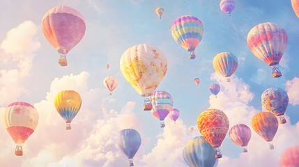 Naklejka premium Colorful Hot Air Balloons Floating in a Blue Sky with White Clouds.