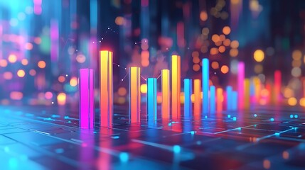 An abstract neon bar chart visualizes growth and data in a futuristic design, filled with dynamic energy.