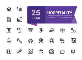 Outline icons of hospitality. Pixel perfect, minimalistic web and UI icon. Outline icons collection. Editable vector illustration.
