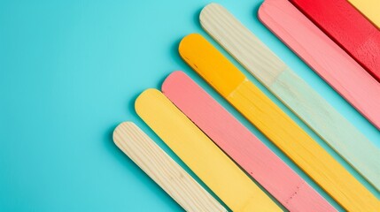 A colorful arrangement of wooden sticks on a bright turquoise background creates a vibrant and playful visual.