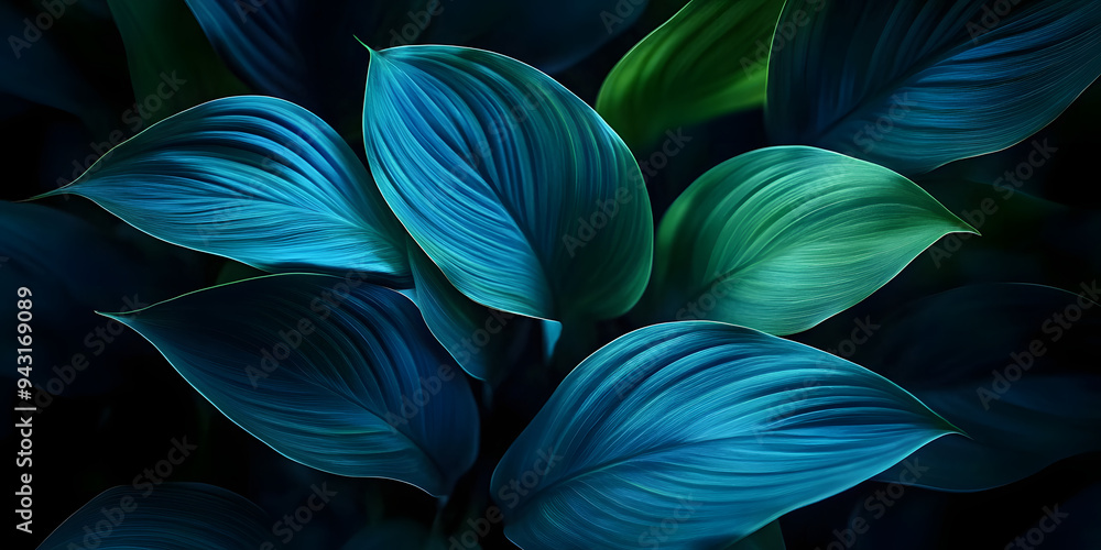 Sticker Close-up detail macro texture bright blue green leave tropical forest plant spathiphyllum cannifolium in dark nature background.Curve leaf floral botanical abstract desktop wallpaper,w 