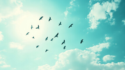 Fototapeta premium flock of birds flying in the sky, symbolizing freedom and peace, representing self-love after having lost love