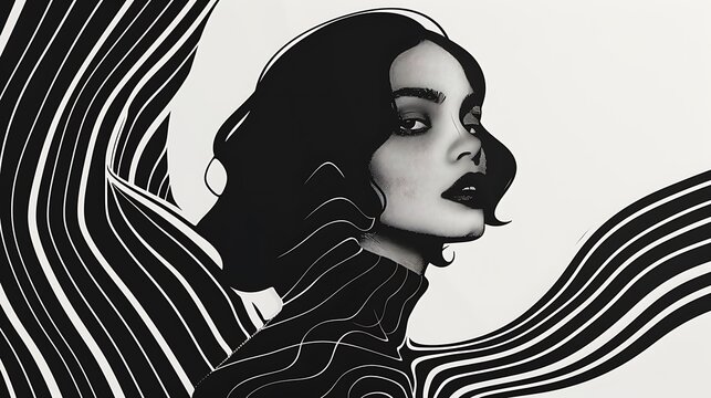 A minimalist portrait of a lady with sharp features and a confident gaze, highlighted by bold black lines and a contrasting light background. 8k UHD, suitable for high-quality printing or digital 